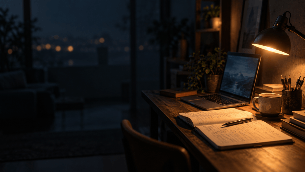 A desk lamp glowing over a notebook of handwritten numbers and a laptop in a dark room at night.